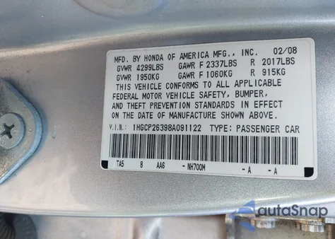 2008 Honda Accord 2.4 Lx from USA, damaged, VIN 1HGCP26398A091122
